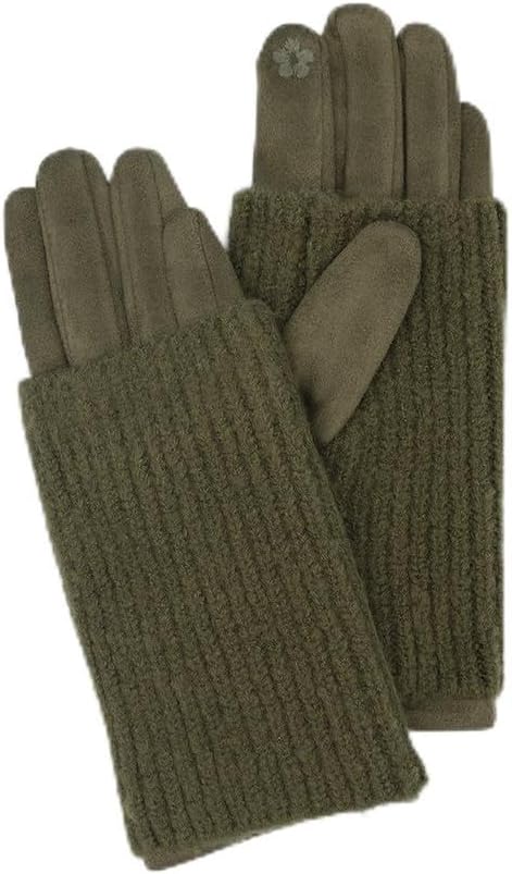 2-in-1 Faux Suede Gloves with Ribbed Knit Wrist Warmers, Olive Green