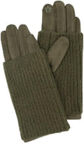 2-in-1 Faux Suede Gloves with Ribbed Knit Wrist Warmers, Olive Green