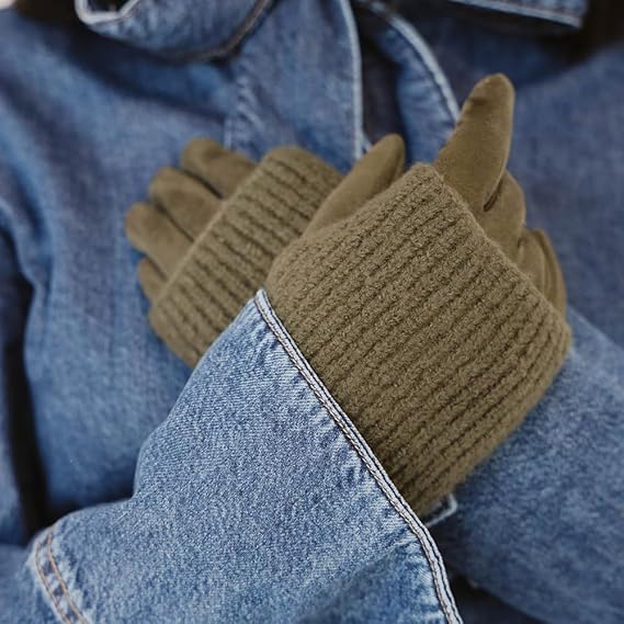 2-in-1 Faux Suede Gloves with Ribbed Knit Wrist Warmers, Olive Green