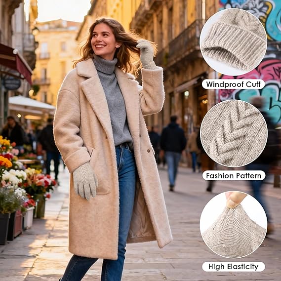 Women Winter Gloves, Touch Screen Texting Gloves, Elastic Soft Warm Knit Lined, One Size